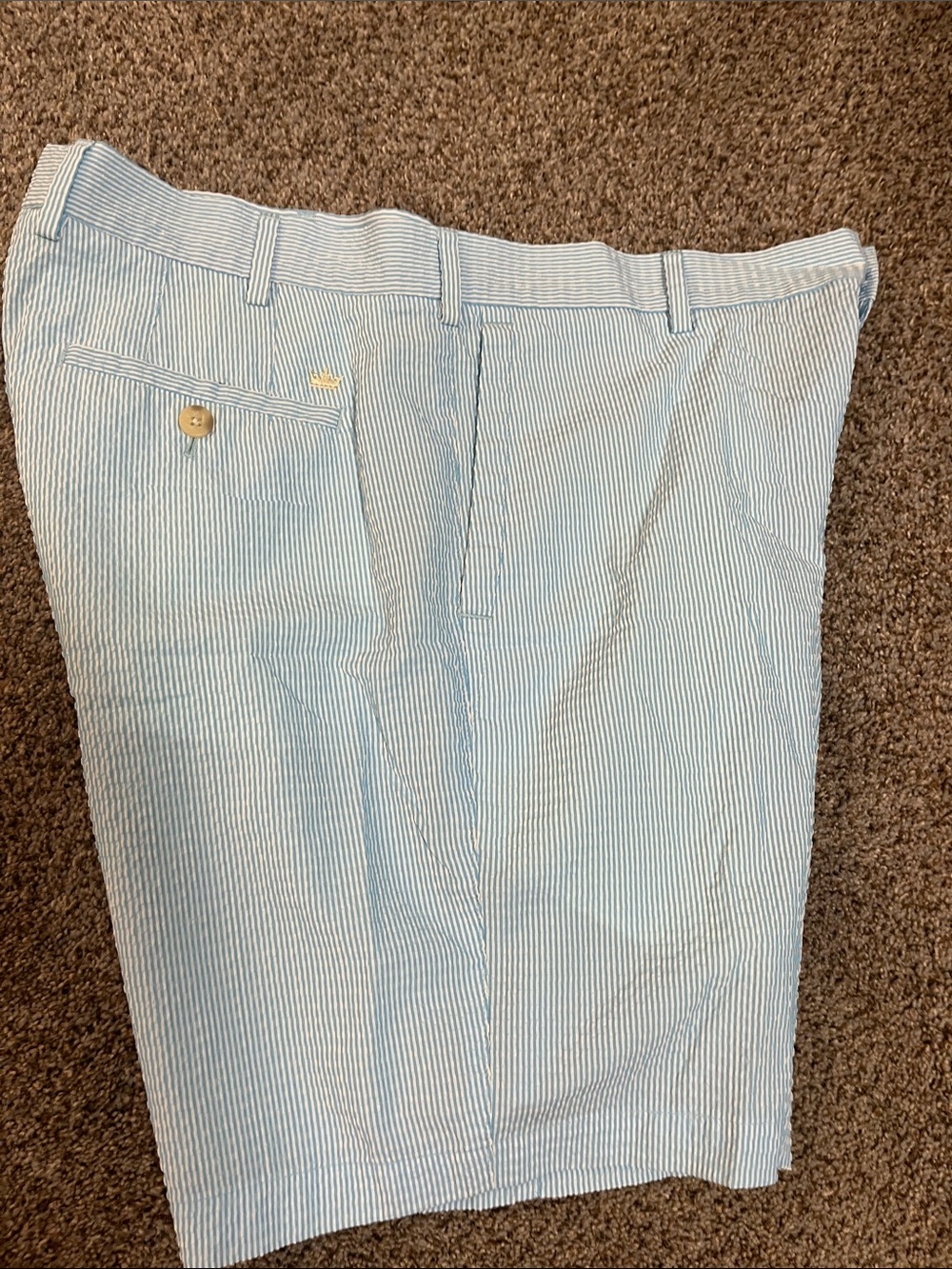 Peter Millar Light Blue and White Striped Seersucker Golf Shorts